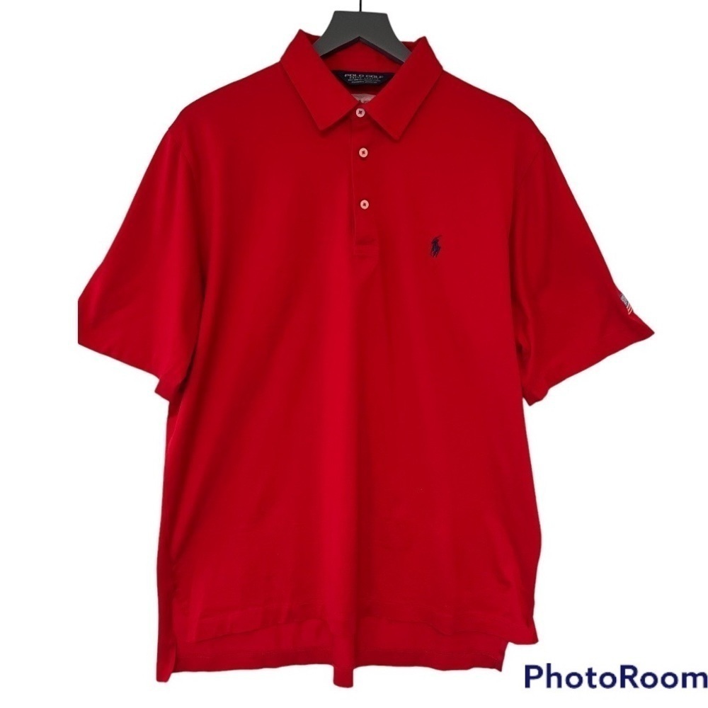 Polo Golf Red Pima Cotton Shirt Sleeve Polo Shirt with US Flag and Logo Size M